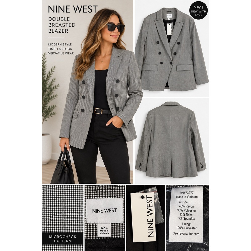 Nine West XXL Microcheck Double Breasted Blazer NWT